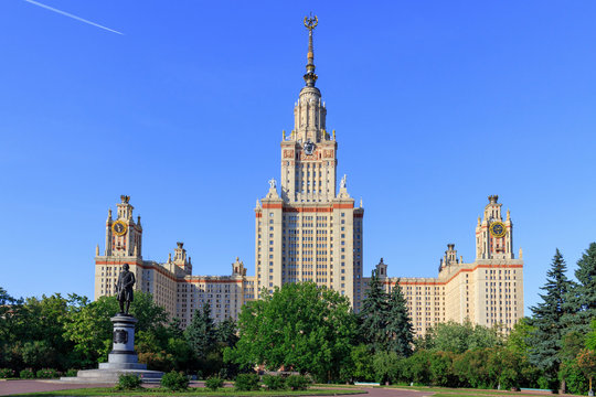 View of Moscow State University (MSU) and Monument to Lomonosov against blue sky in sunny summer evening