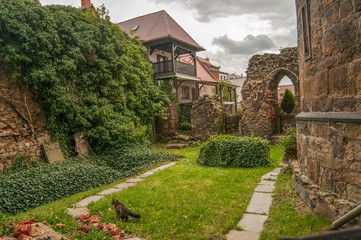 Fototapeta na wymiar Beautiful yard with green grass, stone buildings, Germany
