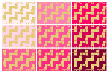 Set of 9 seamless pattern textures of golden rectangular geometric shapes over pink shades background template Vector illustration