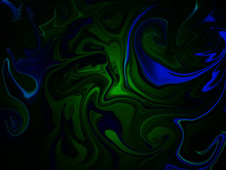 Texture of green and blue curved lines on a black background