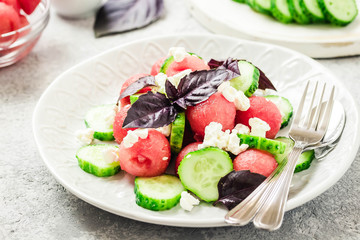 Watermelon cucumber feta salad with balsamic dressing. Selective focus, copy space.