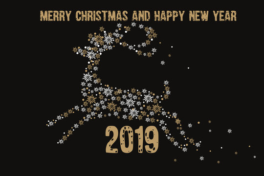Merry Christmas and Happy New Year 2019 Greeting Card. Golden deer with snowflakes on a white background. Vector illustration.
