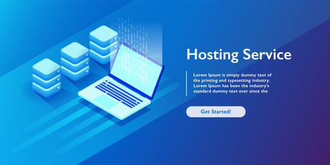 Web sites hosting services, server room rack, data center, data searching, network administration isometric vector ultraviolet