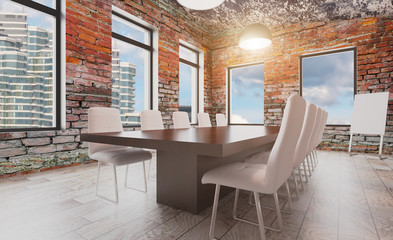 Brick wall. Modern office Cabinet.  3D rendering.