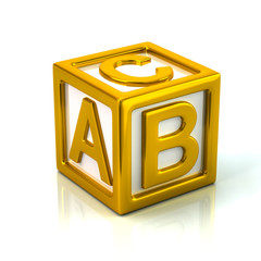 Golden cube with letters A, B and C 3d illustration on white background