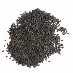 Pile of black sesame seeds isolated on white background. Top view