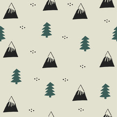 Kid pattern with wild landscape with forest and mountain. Hand drawn style illustration in scandinavian design.