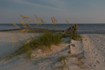 Fototapeta na wymiar Sea oats on the beach with old wooden pier and ocean in background at sunset