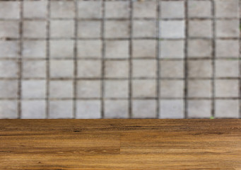 Background with empty wooden table. Flooring. Texture of natural brick
