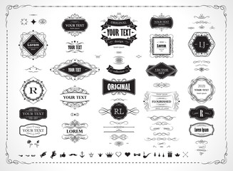 Set of original design elements, frames, borders, labels, monograms. Collection of  vector calligraphy swirls, swashes, ornate motifs, scrolls, page decoration.