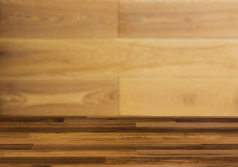 Background with empty wooden table. Flooring Texture of timbered board. Closeup.