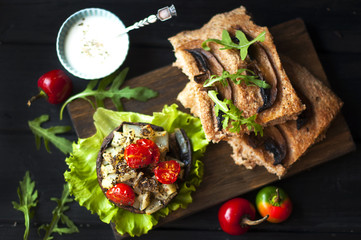 Mini mushroom tarts with puff pastry . Delicious vegetarian appetizer, Copy space,