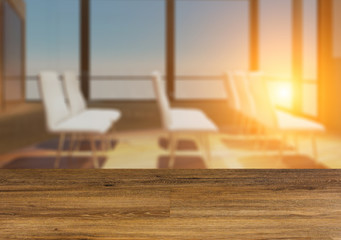 Background with empty wooden table. Flooring. Modern office Cabinet.