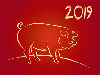 2019 Happy Chinese New Year, line gold pig zodiac sign on on red gradient background, hand drawn vector illustration. Greeting card, banner, copy space.