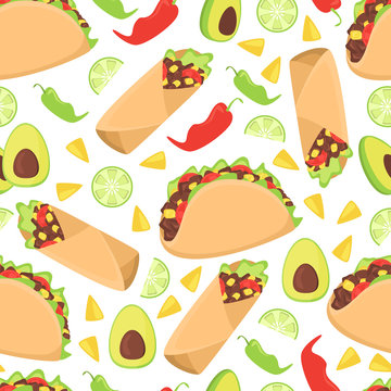 Mexican food seamless pattern fresh chili nachos mexico vector illustration.