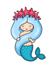 Cute mermaid with long blue hair and wreath of red starfish. Vector illustration.
