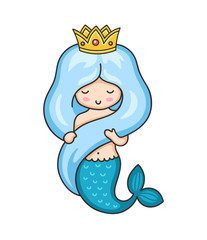 Princess mermaid with blue long hair and crown. Vector illustration.