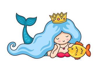 Beautiful lying dreamy mermaid with crown and long wavy blue hair. Vector illustration.