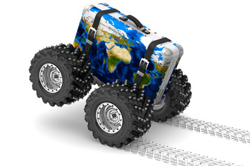 A travel suitcase on wheels with a map of the world moves along the snowy surface. Isolated. 3D Illustration