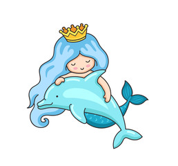 Mermaid with wavy blue hair and dolphin. Vector illustration.