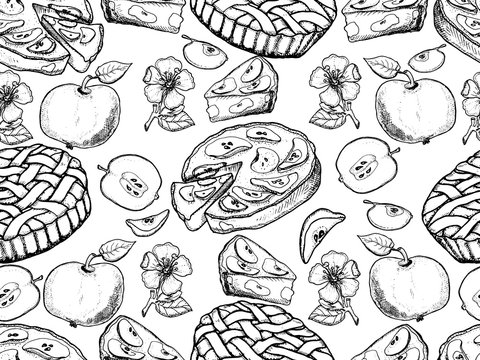 Rustic pattern. Hand drawn apples, apples slices, apple blossom, apple pie, vector seamless background.