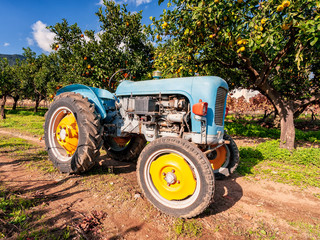 Old light blue tractor for agricultural crops