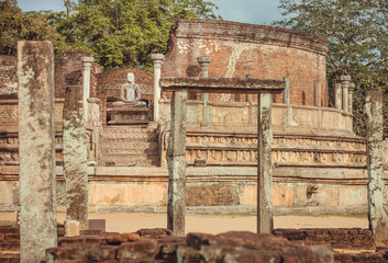 Gates and statues of the ancient city Polonnaruwa. Buddhist temple complex from 12th century, Sri Lanka. UNESCO World heritage Site