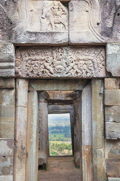 A lintel on a Khmer temple on Chi Sor Mountain in Takeo, Cambodia