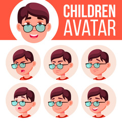Boy Avatar Set Kid Vector. Primary School. Face Emotions. Facial, People. Cheer, Pretty. Card, Advert. Cartoon Head Illustration