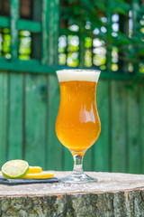 A glass of cold beer on wooden stump in the garden