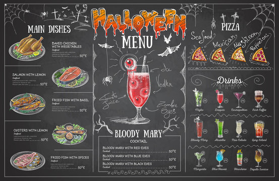 Vintage chalk drawing halloween menu design. Restaurant menu