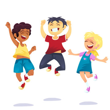 Happy school multiracial children joyfully jumping and laughing isolated on white background. Concept of happiness, victory fun. Vector cartoon illustration for banner, poster, website, invitation.