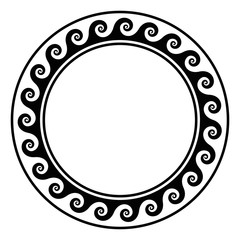 Black circle frame with running dot pattern. Seamless spiral meander design. Waves shaped into repeated motif. Scroll pattern. Decorative border. Also called Vitruvian wave or Vitruvian scroll. Vector