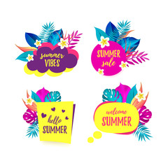 Set of Hello Summer, Summer Vibes, Sale, Welcome Summer speech bubbles, banners with realistic tropical palm leaves and frangipani flowers.