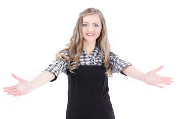 closeup.young business woman making a welcoming gesture