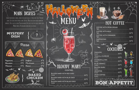 Vintage chalk drawing halloween menu design. Restaurant menu