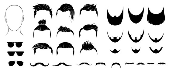 Set of mens hairstyles, beards, mustaches and glasses