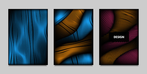 Geometry. Abstract Background Set With Movement and Volume Effect. Covers with Vibrant Gradient and Wavy Lines. Trendy Futuristic Illustration with Distort. Abstract Geometry for Brochure, Business.