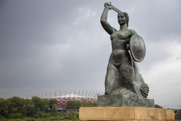 Statue of the siren by river Visla in Warsaw, Poland