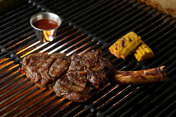 Grilled meat with vegetables and sauce, on the grill