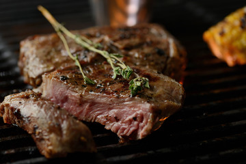 Grilled meat with vegetables and sauce, on the grill