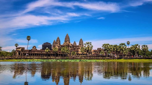 Time lapse of Angkor Wat reflected in water, in Siem reap of Cambodia