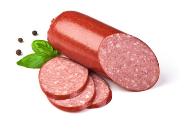 Salami smoked sausage, basil leaves and peppercorns, isolated on white background.