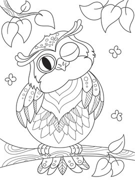 Cartoon coloring book. Funny owl on the tree. Black lines, white background