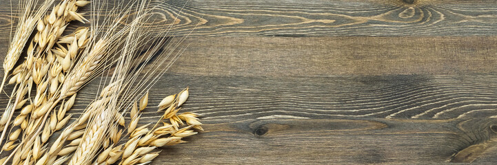 Ears of wheat and barley on a background from boards.