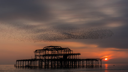 Derelict Brighton pier at sunset