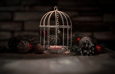 Christmas background.Christmas candle and Christmas tree decorat