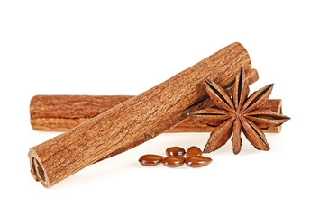Cinnamon sticks and star anise spice isolated on white background