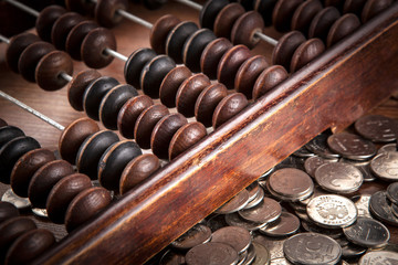 old abacus with russian ruble coins
