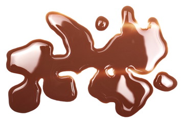 Spilled chocolate milk puddle isolated on white background, top view